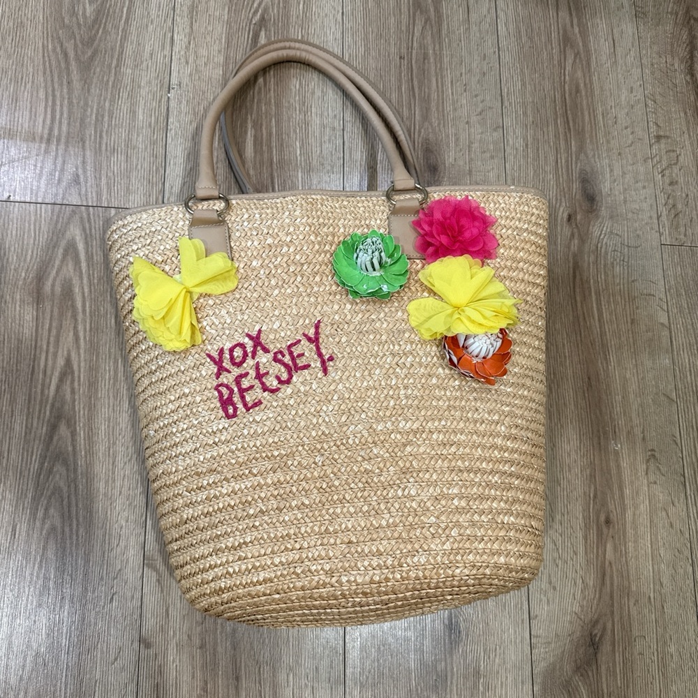 Betsey Johnson Tan Straw Tote with Floral Accents